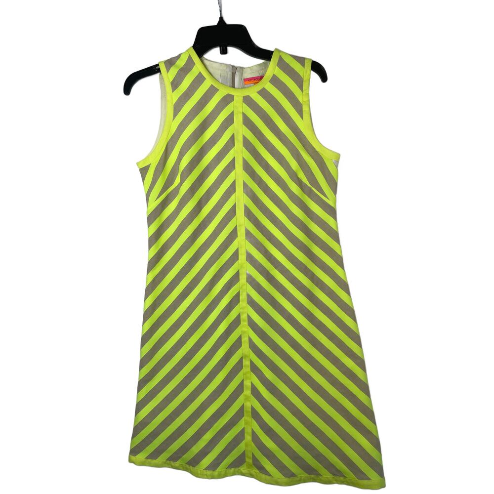 Vilagallo Linen Blend Natural Neon Green Chevron Stripe Dress 41 US 10 pre-owned